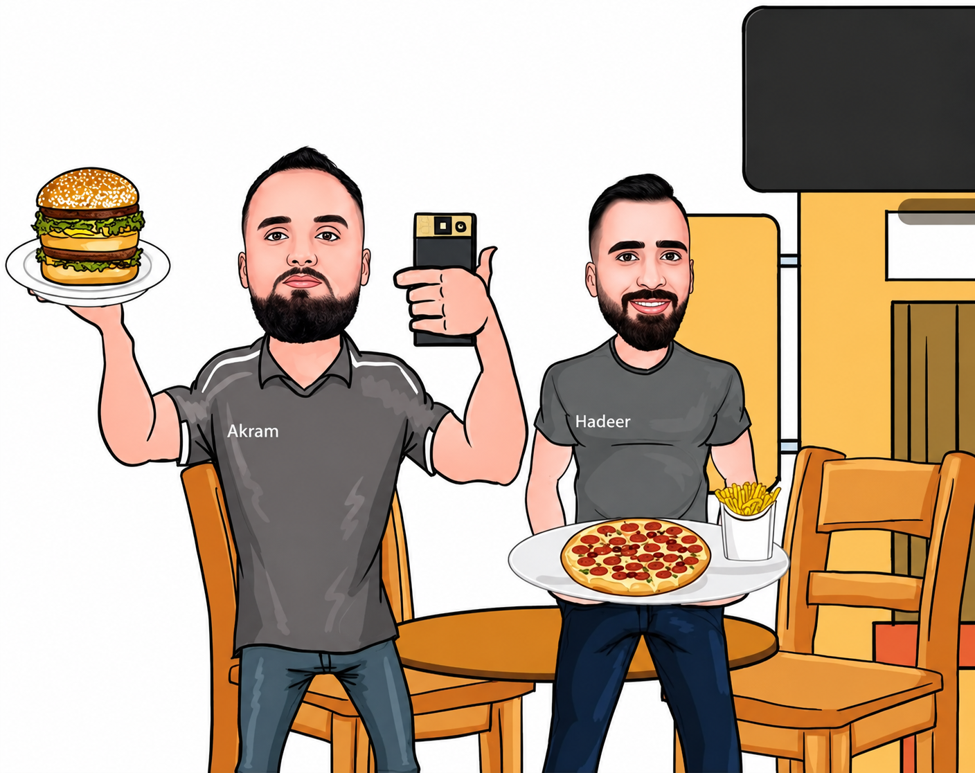 Akram och Hadeer på Nattkröken med burgare och pizza